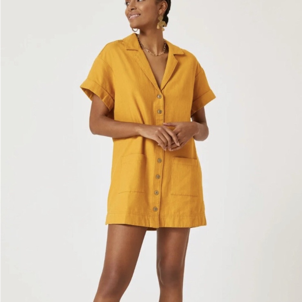 Anthropologie Pilcro Button Down Shirt Dress Gold Pocket Short Sleeve size S